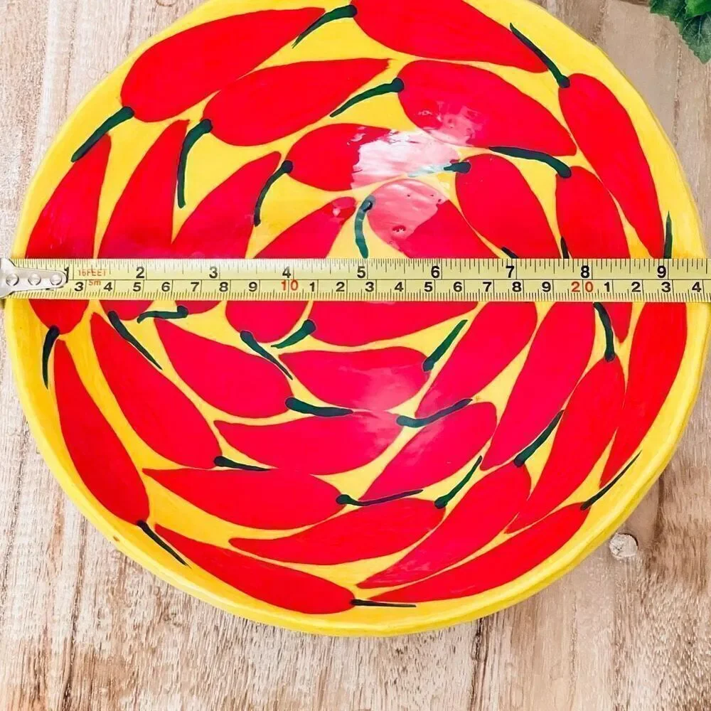 NWT Mexican Pottery Art 9.5” Hand Painted Footed Yellow Chili Pepper Salsa Bowl